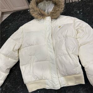South Pole Ivory Puffer Jacket with Fur Trim